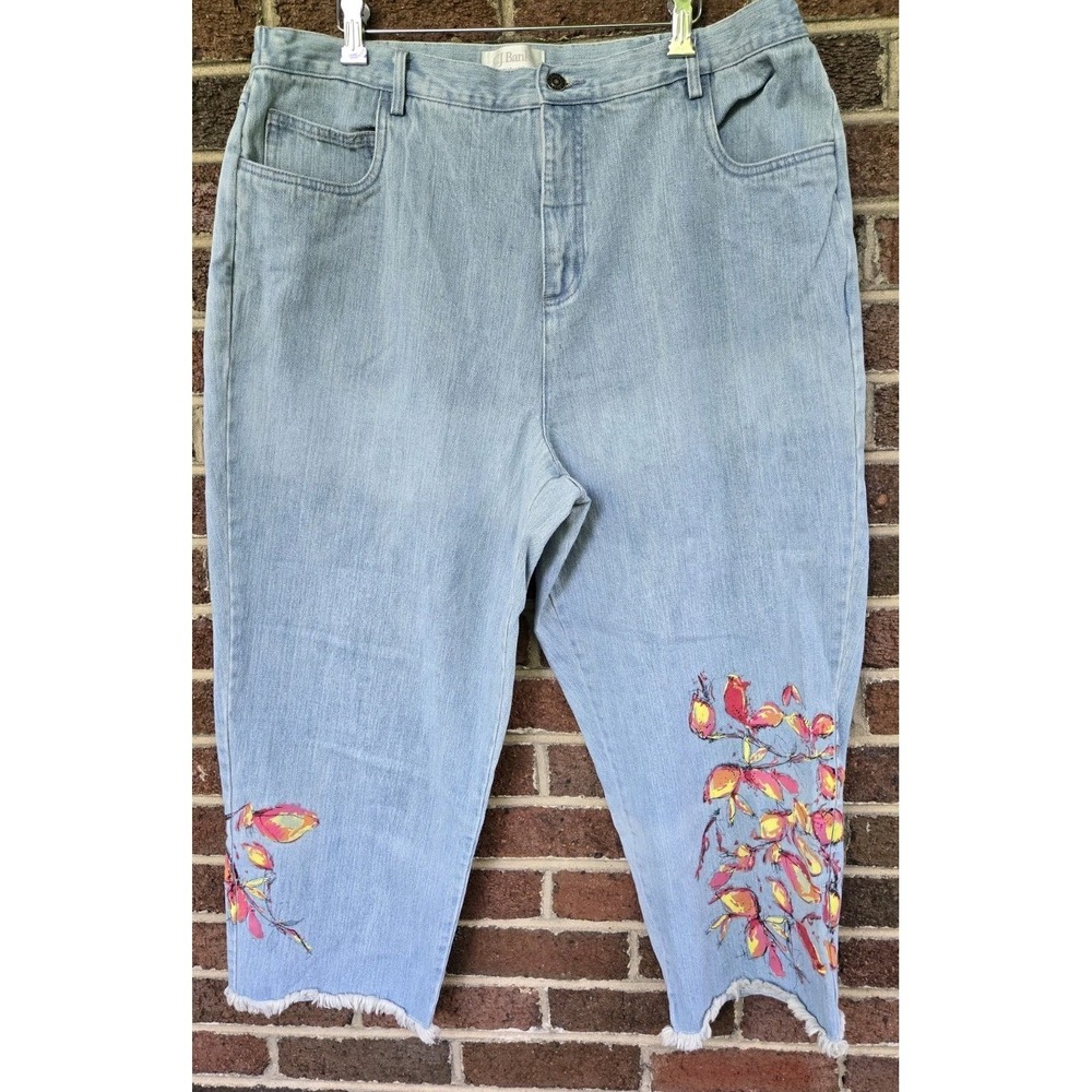 CJ Banks Plus Size 20w Denim Capris Painted Floral Embellished Artsy Hippie Boho